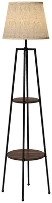 Image de Lampadaire 2 šŠtagššres de rangement douille E27 40 W interrupteur š€ tirette abat-jour tissu 42 x 42 x 166 cm noir marron