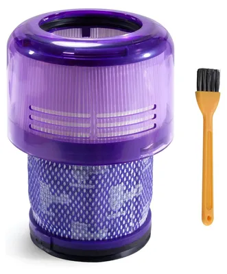 A purple vacuum cleaner filter and a small brush are shown against a white background.