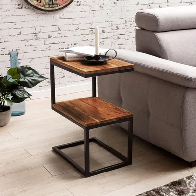 Image de Table d'appoint FineBuy en forme de S, en bois massif de sheesham et métal, 45 x 60 x 30 cm, table de salon design, style cottage, table d'appoint, table de rangement, forme carrée