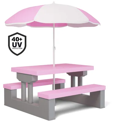 Image de Spielwerk® Salon de jardin pour enfants - Rose - Table Pique-nique avec banc et parasol - Idéal pour activités extérieures, goûter d'anniversaire, bac à sable, loisirs et jeux
