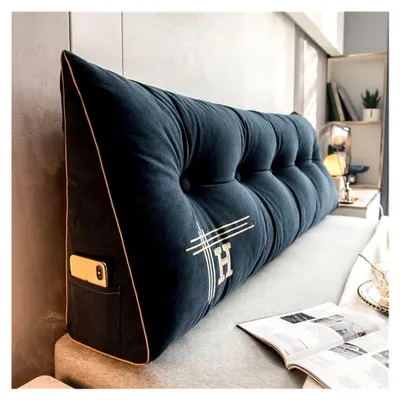 Produktbild von Großes Kopfteilkissen, Keilkissen, Nackenrolle, dreieckiges Kissen für das Bett, Rückenlehne, Positionierungskissen mit abnehmbarem Bezug (Marineblau, 100 cm)