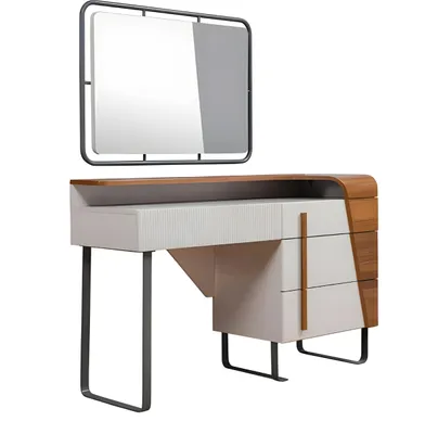 Immagine prodotto di Set specchio da toeletta con pouf Tavolo da toeletta in legno bianco Set da 3 pezzi
