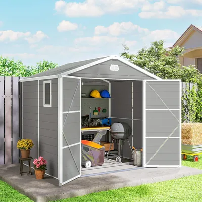 Produktbild von Kunststoff Gerätehaus 4,1 m² mit Satteldach, Gartenhaus Hellgrau, 240 x 190 x 228 cm, inklusive Fundament, Fenster und Belüftung, Geräteschuppen