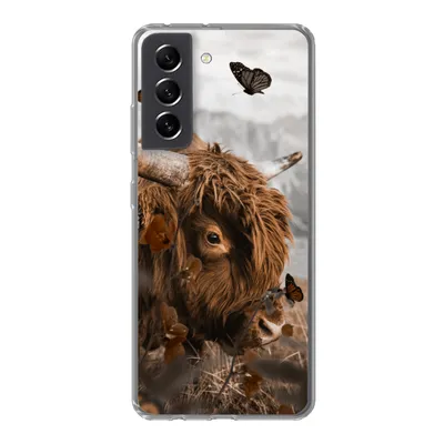 Produktbild von MuchoWow® Handyhülle Schutzhülle Hülle für Samsung Galaxy S21 FE Scottish Highlander - Schmetterlinge - Pflanzen Silikon Softcase Handy Hülle - Mobiltelefonhülle