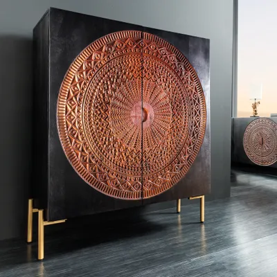 Produktbild von riess-ambiente Massives Highboard MANDALA 120cm Mangoholz schwarz goldene Füße Schrank Anrichte Wohnzimmerschrank