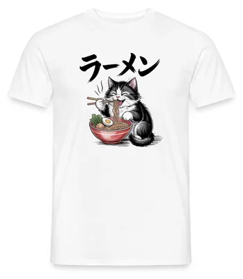 Produktbild von Spreadshirt Ramen Katze | Flauschige Katze Mit Nudelsuppe Männer T-Shirt, M, Weiß
