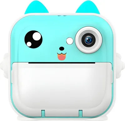 A blue and white instant camera designed to look like a cartoon animal.