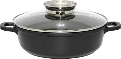 A black pot with a glass lid and silver handles is shown against a white background.