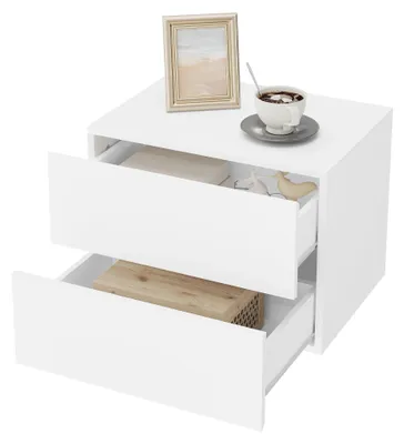 Image de Table de chevet suspendue - Meuble de chevet mural - 40 x 30 x 30 cm - 1 pièce - 2 tiroirs - Bois massif - Design moderne