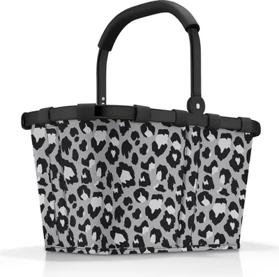 A shopping basket with a leopard print pattern.