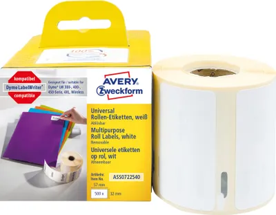 Produktbild von Avery Zweckform ASS0722540, Rollen-Etiketten, 32 x 57  mm, 500 Etiketten / 1 Rolle, weiß