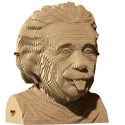 A 3D puzzle bust of Albert Einstein made of cardboard.
