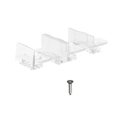 A clear plastic sliding door guide and a screw on a white background.