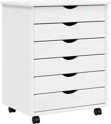 A white wooden filing cabinet with six drawers on wheels.