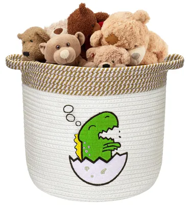 Image de Panier de rangement en coton pour enfants, paniers de rangement avec poignée pour les jouets et le linge dans la chambre d'enfant, panier à linge tissé pour la chambre à coucher, beige, 30 x 30 cm (dinosaures)