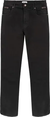 A pair of black jeans is shown against a white background.