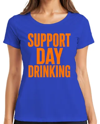 Zdjęcie produktu dla Koszulka damska, niebieska, rozmiar L, z motywem imprezy z alkoholem, idealna na wieczór panieński, z napisami: "Support Day Drinking Party", "Saufen" (pić), "Bier" (piwo), "Lustig" (zabawa), "Geschenk" (prezent), "JGA" (wieczór panieński)