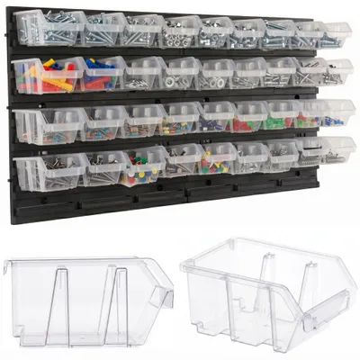 Obrázek produktu pro Nástěnný organizér na nářadí s 36 průhlednými přihrádkami, 2 děrovanými deskami a nosností 20 kg, 78 x 39 cm, plastový organizér na šrouby, matice, drobné součástky a příslušenství do dílny, garáže a skladu