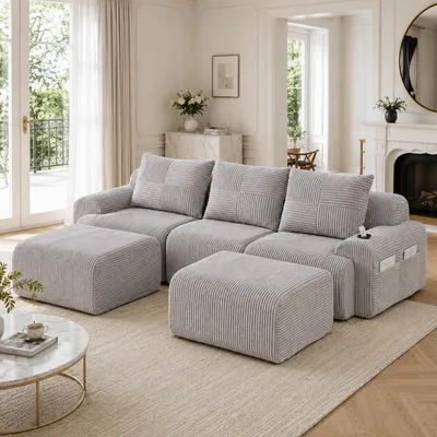 Produktbild von Cord Sofa Hellgrau 3 Sitzer Modulsofa mit 2 Hockern Ecksofa Modular Couch mit Getr?nkehalter Seitentasche Wohnlandschaft L Form Wohnzimmersofa Polstersofa