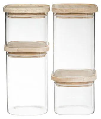 Produktbild von Vorratsgläser mit Holzdeckel 4-teilig Five® - Transparent & Holz - Stapelbar | Mit Deckel