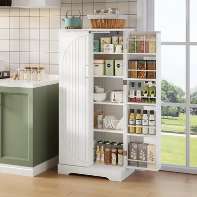 Productafbeelding van Keuken kast, 60x35x128 cm, met LED-sensor, in hoogte verstelbare planken, dubbele deur, omvalbeveiliging, wit.