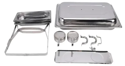 Immagine prodotto di Scaldavivande a buffet - Chafing dish rettangolare in acciaio inossidabile - Scaldavivande a 3 scomparti - Con coperchio e supporti per bruciatori - Argento