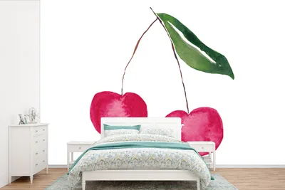 Produktbild von MuchoWow® Fototapete für Wohnzimmer oder Schlafzimmer Wandtapete Vinyl Motivtapete Kirschen - Aquarell - Weiß - 450x300 cm - Gemusterte