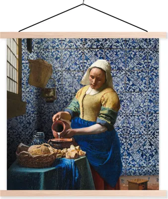Produktbild von MuchoWow® Textilposter Milchmädchen - Delfter Blau - Vermeer - Gemälde - Alte Meister 120x120 cm mit holzfarbenen Rahmen - Textil-Poster