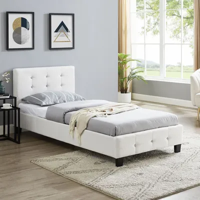 Produktbild von Polsterbett DELAWARE Bettgestell 90 x 200 cm Einzelbett Designbett mit Strassteinen inklusive Lattenrost Textilbezug in weiß