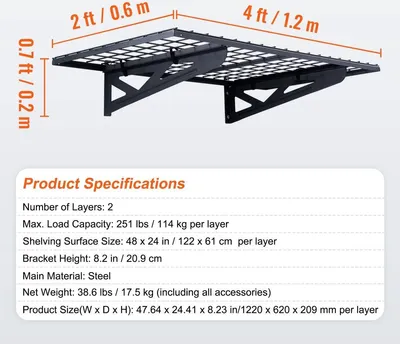 Zdjęcie produktu dla Półka magazynowa - Zestaw 2 półek magazynowych - System przechowywania do garażu - 0,6 x 1,2 m