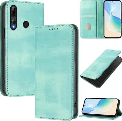 Obrázek produktu pro Pouzdro pro Huawei P Smart+ 2019/P Smart 2019/Honor 20 Lite/Honor 10i, vintage kožené pouzdro s RFID ochranou, přihrádkami na karty, stojánkem Tyrkysový