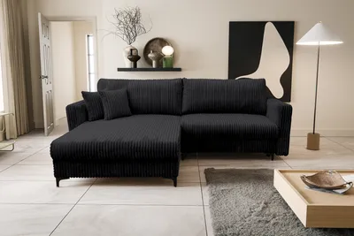 Produktbild von VENASI COMO Universell Ecksofa mit Schlaffunktion und Bettkasten Cord Schlafsofa Eckcouch Sofa Schwarz HIT 11
