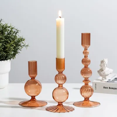 Produktbild von Glas Kerzenhalter Set - Braune Stabkerzenhalter Set von 3