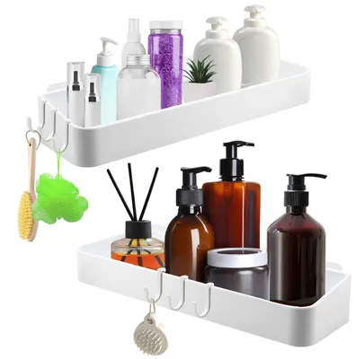 Image de Omgoods - Étagères de salle de bain sans perçage - Lot de 2 avec 6 crochets amovibles