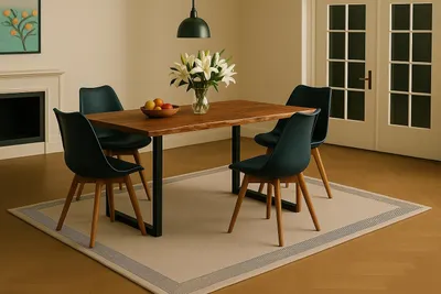 Produktbild von Essgruppe 5tlg. 140 x 80 cm Baumkante Akazie nussbaum massiv 4x Schalenstühle Schwarz U-Gestell Schwarz QUINN