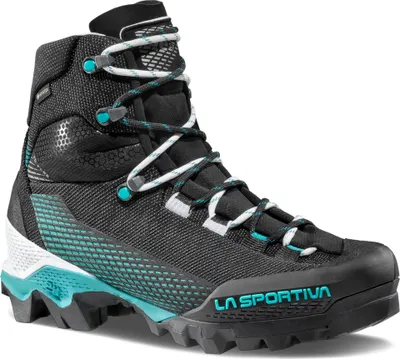 Schwarz-türkise Bergschuhe für Damen; Modell "Aequilibrium ST Woman GTX" von La Sportiva; mit Schnürung und griffiger Sohle.