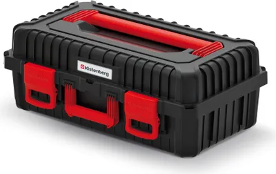 A black and red tool box with a handle and latches.