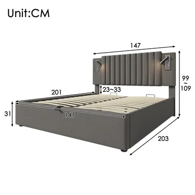 Immagine prodotto di letto a molle okwish letto imbottito 140 x 200 cm con luce di lettura con funzione di ricarica USB e testata regolabile in altezza (design a rivetti), letto contenitore idraulico con spazio per la rete (senza materasso) - grigio