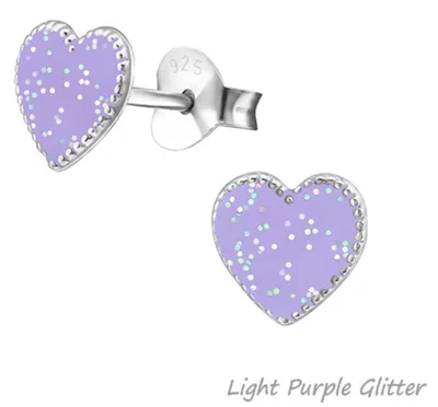 Produktbild von Kinder-Ohrringe: 925 Silber Ohrstecker „Herz bunt“ Light Purple Glitter