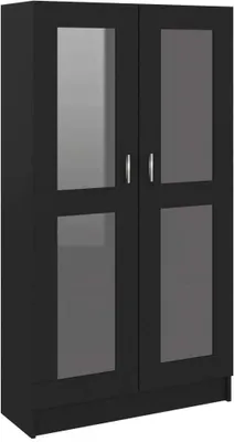 A black display cabinet with glass doors against a white background.