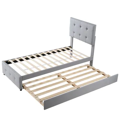 Produktbild von Polsterbett mit Gastbett und Lattenrost, 90x200 cm, Kopfteil höhenverstellbar, Einzelbett, Jugendbett, Leinen