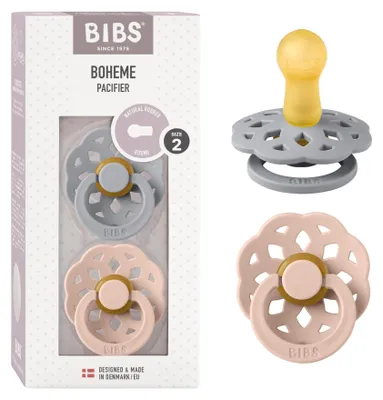 Produktbild von BIBS Boheme Schnuller 2er-Pack. BPA-frei, Kirschform Nippel. Naturkautschuk / Latex, Hergestellt in Dänemark. Größe 2 (6-18 Monate), Cloud / Blush
