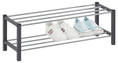 Produktbild von Schuhregal DUBLIN mit 2 Ablagen in grau. Robustes Metallregal mit edel verchromter Schuhablage. Flurmöbel Schuhaufbewahrung, Organizer für den Flur.