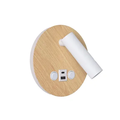 Produktbild von Wandleuchte aus Aluminium in Holzoptik, 3-W-LED-Lesespot und 6-W-Umgebungsbeleuchtung (3000 K), USB- und Typ-C-Anschluss
