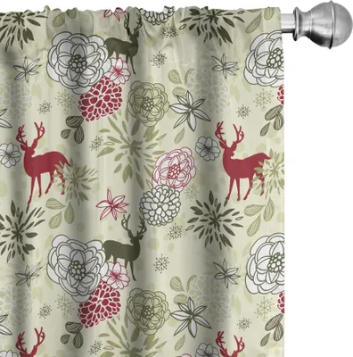 Immagine prodotto di ABAKUHAUS Tende invernali, tende, sagome di cervi con fiori in fiore Natura natalizia astratta, 2 pezzi 75 x 245 cm, verde oliva Verde chiaro