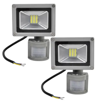 Two LED floodlights with motion sensors are shown against a white background.