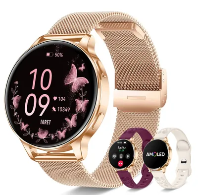 Zdjęcie produktu dla Inteligentny zegarek damski, okrągły, z 3 paskami, wyświetlacz AMOLED, funkcja telefonu, ponad 120 trybów sportowych, monitorowanie tlenu we krwi (SpO2), tętna i snu, kompatybilny z iOS i Android, idealny jako prezent, kolor różowe złoto, polerowany
