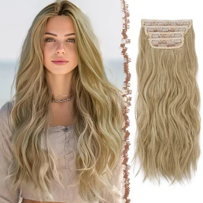 Image de Extensions à clip-on, 60 cm, cheveux synthétiques ondulés, 4 pièces, mélange de blond (27/613A#)