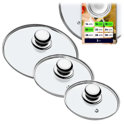 Three glass pot lids of varying sizes are arranged diagonally on a white background. A small inset shows a chart with sizes and quantities.