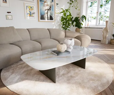 Produktbild von DELIFE Couchtisch Edge Boot 135x80 cm Keramik Onyx Pearl Salto Metall Effektfinish Titan
